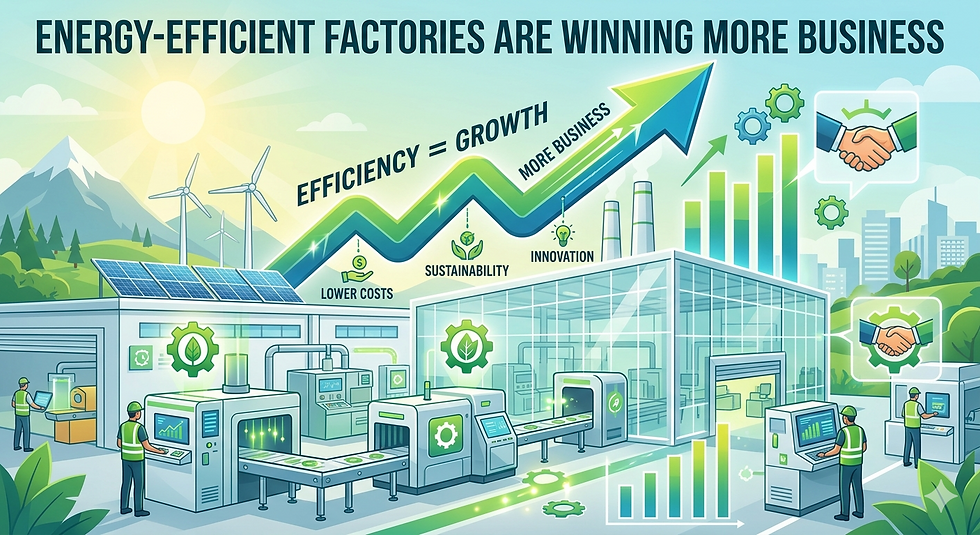 An infographic of a modern solar-powered green factory showing an upward growth arrow that reads "Efficiency = Growth" alongside rising business chart bars.