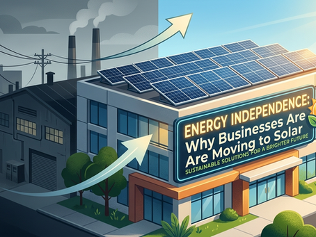 Modern solar-powered office building and charging cars on a sunny day, representing a shift toward corporate energy independence and sustainable business practices.