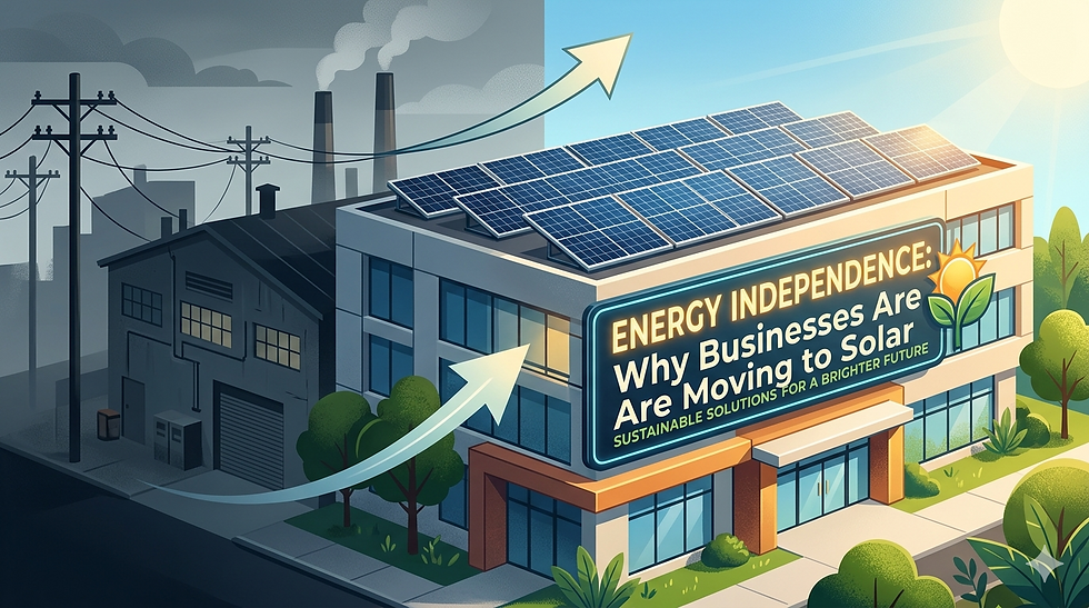 Modern solar-powered office building and charging cars on a sunny day, representing a shift toward corporate energy independence and sustainable business practices.
