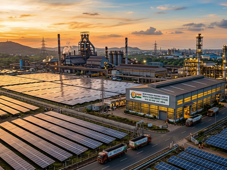 An aerial view of a large Indian industrial complex integrated with vast solar panel arrays under a golden sunset, symbolizing India’s shift to clean energy.