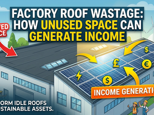 Split graphic of an empty factory roof labeled "Wasted Space" transforming into solar panels with currency symbols labeled "Income Generation."
