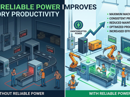 A split-screen illustration showing a dark, stalled factory during a power outage versus a bright, high-output factory with uninterrupted power.