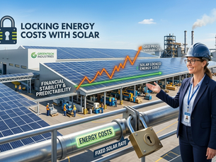 A business leader smiling at an industrial solar installation, highlighting how a physical padlock symbolizes securing and locking in predictable energy costs.