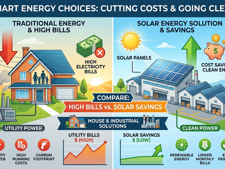 House and industrial building comparing high electricity bills with solar energy solution showing cost savings and clean energy benefits.