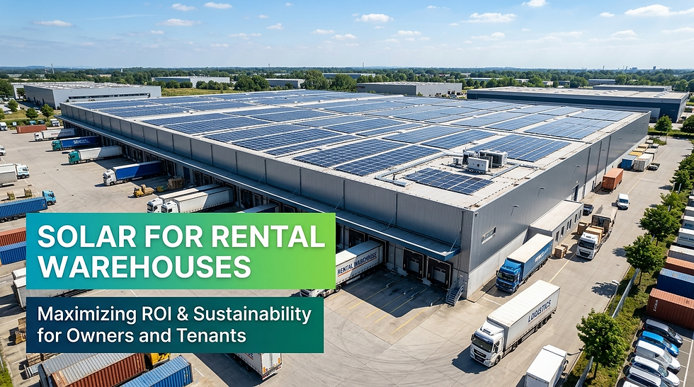 Aerial photograph of a large logistics warehouse with extensive rooftop solar panels, featuring the text "Solar for Rental Warehouses."