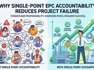 A split-screen illustration comparing a chaotic construction site plagued by blame and delays to a streamlined project with on-time delivery and budget control under single-point EPC accountability.