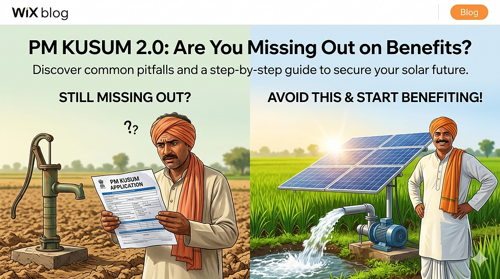 A split image contrasting a confused farmer on dry land with an application and a happy farmer with a working solar irrigation system.