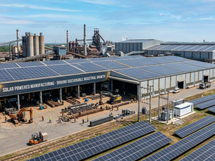 Aerial view of a large manufacturing facility with extensive rooftop and ground-mounted solar panel arrays, accompanied by a banner that reads "SOLAR POWERED MANUFACTURING - DRIVING SUSTAINABLE INDUSTRIAL GROWTH."