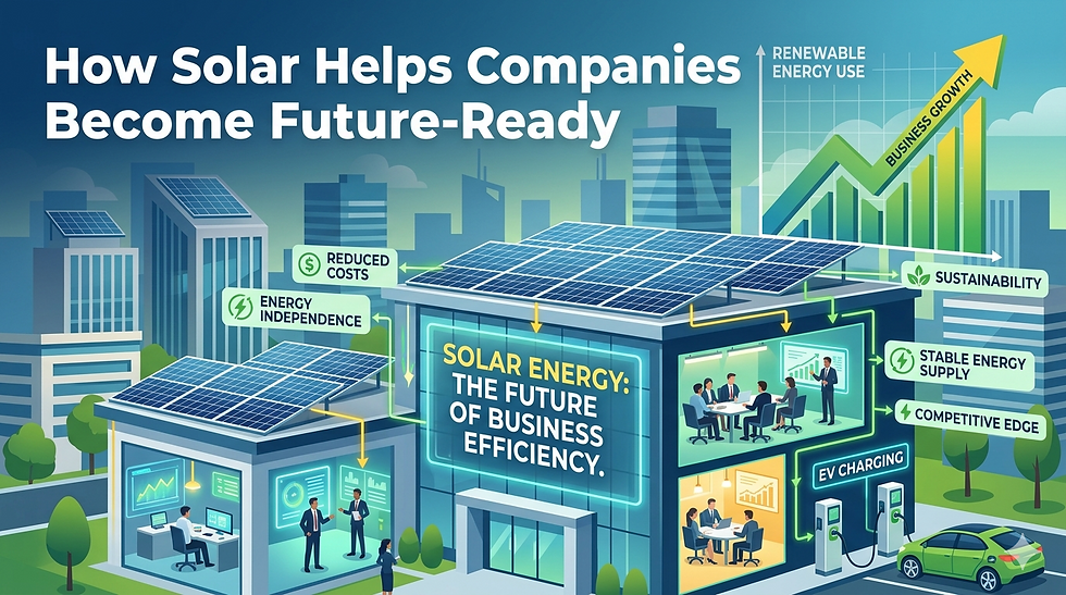 A modern company's headquarters featuring a solar panel array on the roof and a large window banner that reads: "SOLAR ENERGY: THE FUTURE OF BUSINESS EFFICIENCY."