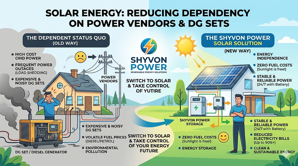 Shyvon Power infographic comparing the high cost and noise of DG sets against the clean, cost-saving independence of solar panels and battery storage.