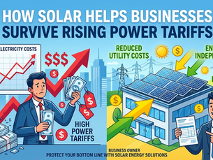 Comparison showing a businessman stressed by rising costs on the left, and a happy owner on the right with a building using solar panels for savings.