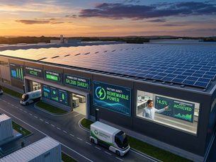 Elevated view of a modern factory at sunset in 2026, featuring extensive rooftop solar arrays and digital screens monitoring energy generation, savings, and asset ROI