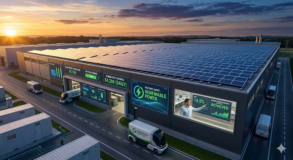 Elevated view of a modern factory at sunset in 2026, featuring extensive rooftop solar arrays and digital screens monitoring energy generation, savings, and asset ROI