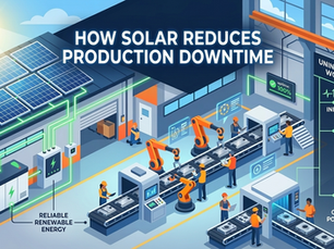 An isometric illustration of a manufacturing plant powered by solar panels on the roof and batteries, showing a robotic assembly line with text highlighting reduced outages and a consistent power supply.