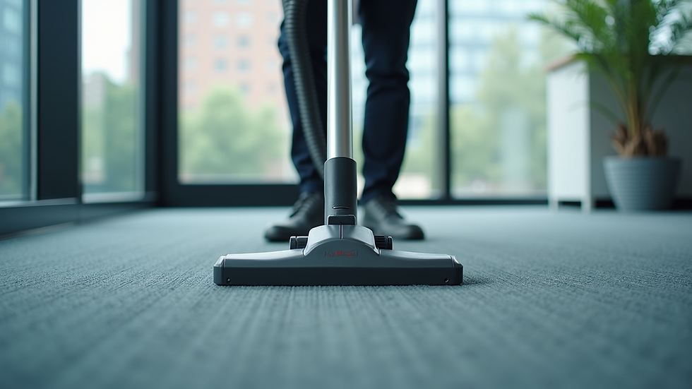 Eye-level view of a professional cleaner vacuuming a modern office carpet