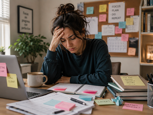 Woman struggling to stay productive while working at a cluttered desk