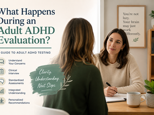 Adult ADHD evaluation with clinician discussing testing, executive functioning, and attention concerns with a client.