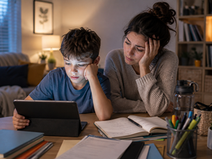 Parent watching child use a tablet while doing homework