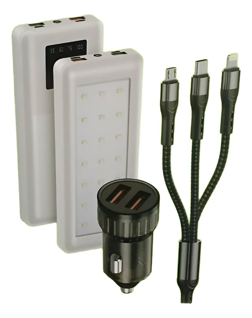 Cargador externo 22000 mah + cable carga multiple+linterna usb+cargador auto