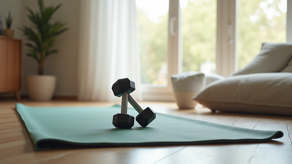 High angle view of a yoga mat and dumbbells in a bright living room