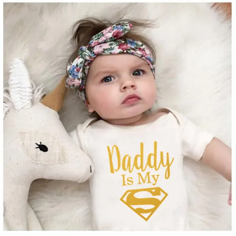 Thumbnail: Baby Romper Newborn Baby Boys Girls Clothes Gold Daddy Is My Hero Funny Print