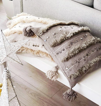 Vintage Moroccan Handira PomPom Cushion Cover Brownish Grey