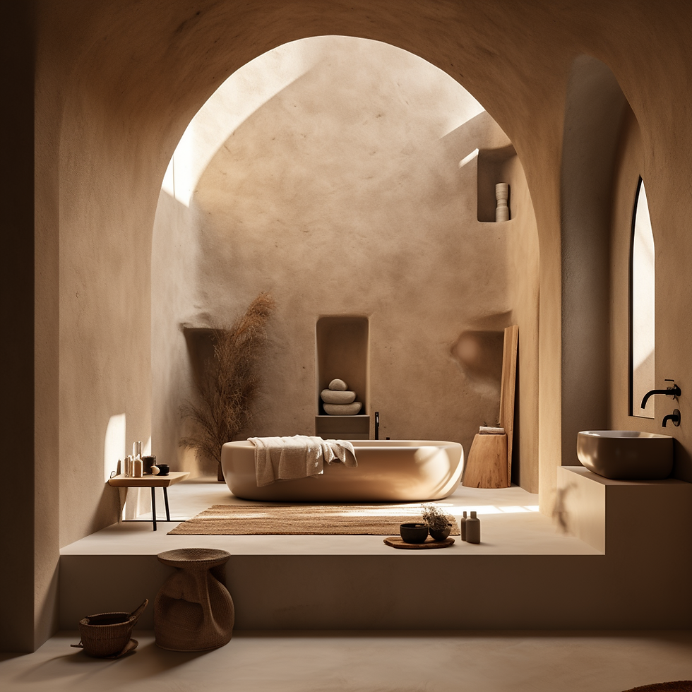 luxury bathroom with monolithic and wabi sabi details
