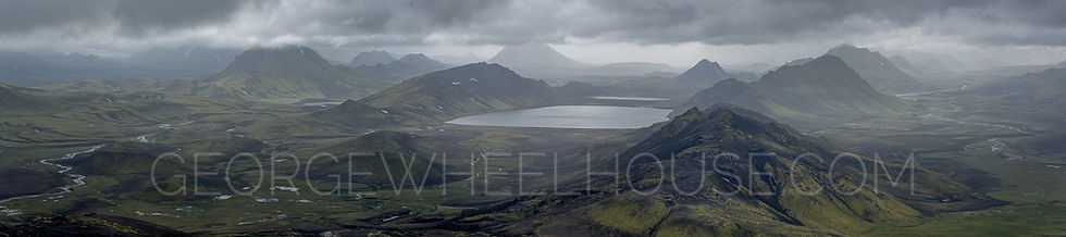 Panorama of the Alftvatn valley from Jokultungur, on the Laugavegur Trail.