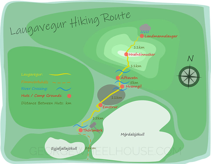 A map, showing the route of the Laugavegur Hiking Trail, in the highlands of Iceland.