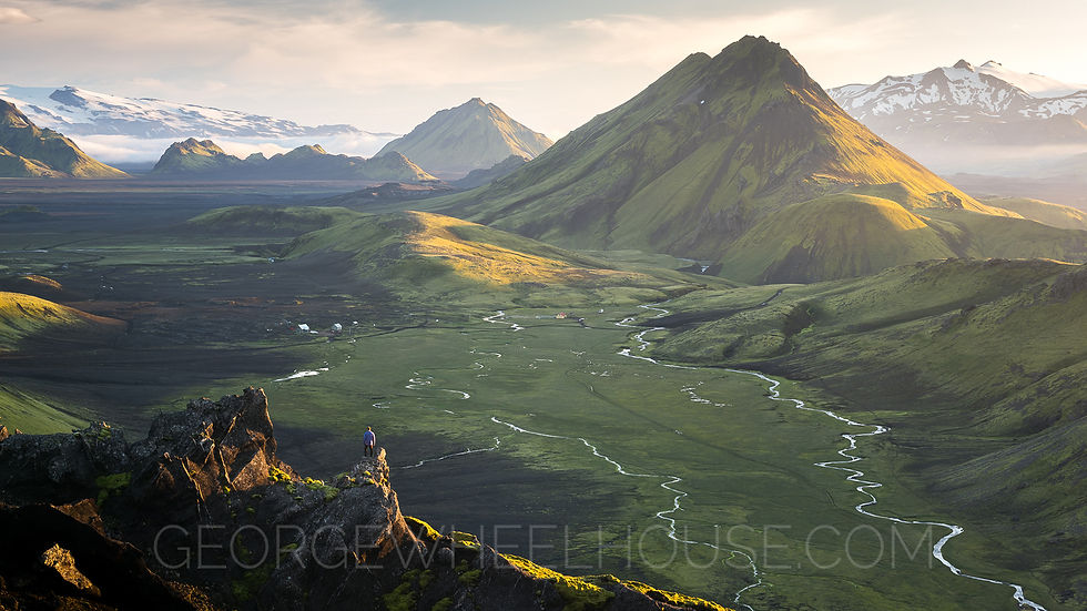 A hiker overlooking the Hvanngil valley; A grassy meadow surrounded by volcanos and glaciers.