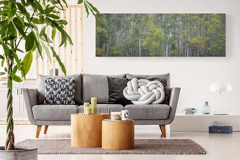 Grey sofa with pillows, Nordic nature canvas wall art
