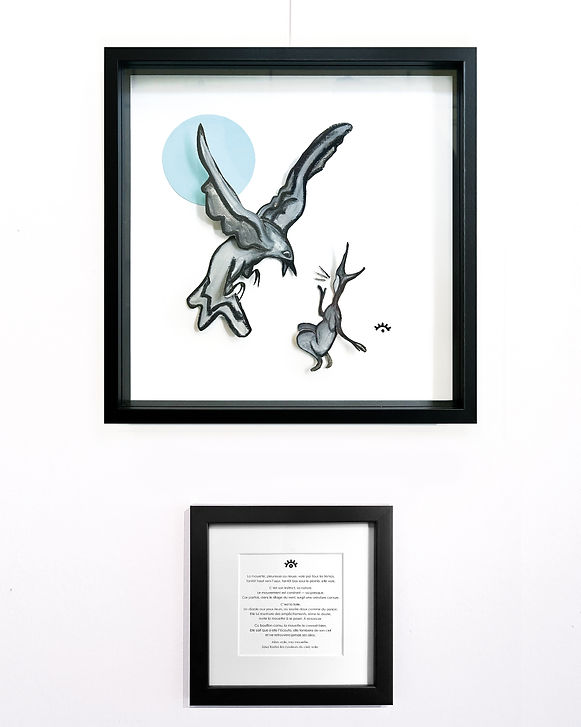 tarot painting framed, seagull fool, mouette la folle, poem text, texte poème