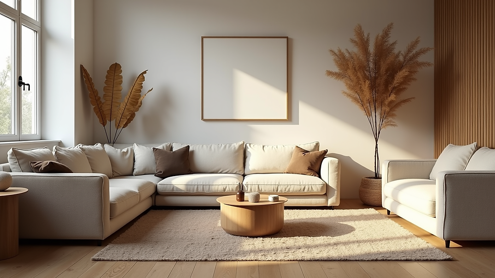 Eye-level view of a cozy living room with sustainable furniture and decor