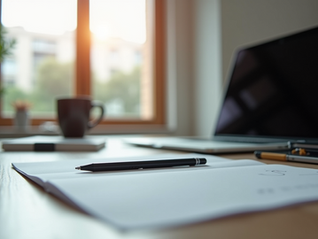 Peralatan kerja di meja dengan laptop, kertas, dan pulpen untuk merencanakan strategi B2B sales dan fokus pada prospek yang tepat.