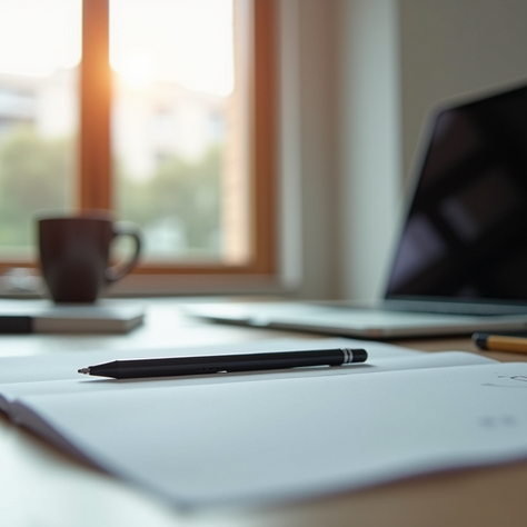 Peralatan kerja di meja dengan laptop, kertas, dan pulpen untuk merencanakan strategi B2B sales dan fokus pada prospek yang tepat.