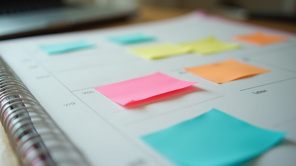 Close-up view of a well-organized planner with colorful sticky notes