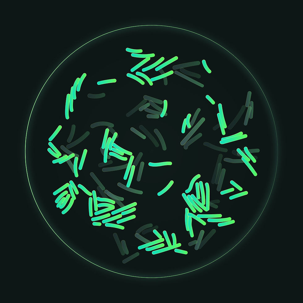 Glowing green rod-shaped bacteria clustered in a petri dish on a dark background, scientific abstract image.