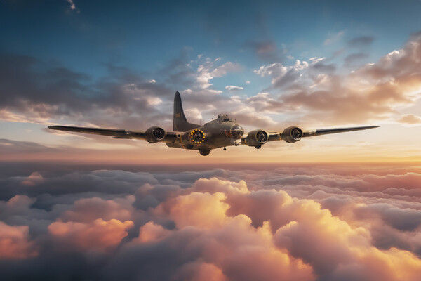 B17 in flight at sunset