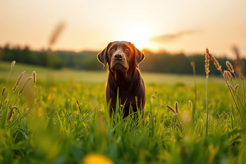 A labrador in a summer meadow at sunset, low angle, almost dreamy atmospher.jpg