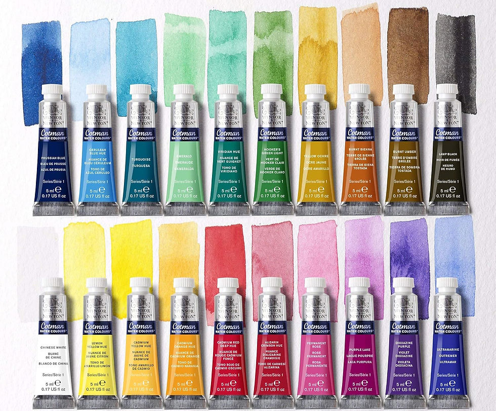 Image depicts 20 paint tubes in the Cotman Watercolor Set.