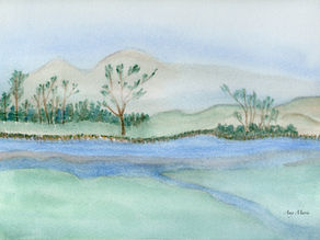 Coloring Rainbows Watercolor Painting of Tan, Blue and Green Landscape with Stream and Mountains