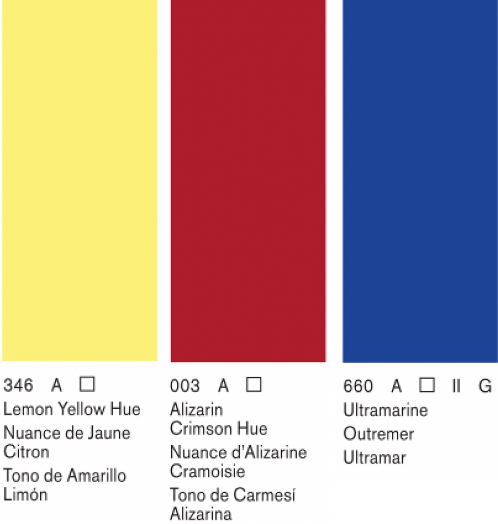 Image depicts the 3-primary colors from the Winsor & Newton Cotman Watercolors which are Lemon Yellow Hue, Alizarin Crimson Hue, Ultramarine (PB29)