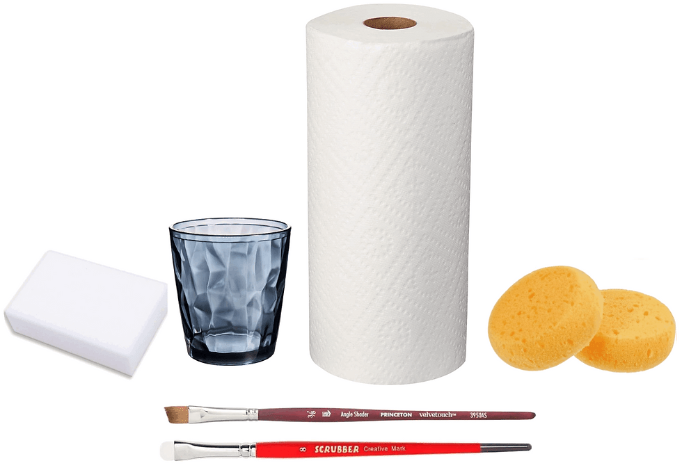 Images shows a magic eraser, glass of water, paper towel roll, two sponges, an angular paint brush and scrub brush.