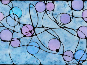Coloring Rainbows ink and watercolor painting (blue and purple circles with abstract black lines)