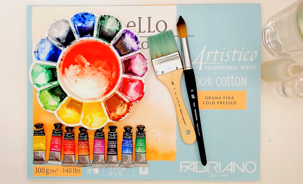 Coloring Rainbows images depicts favorite color supplies, ceramic dish, paint tubes, paint brushes, watercolor paper, cup of water, water spray bottles