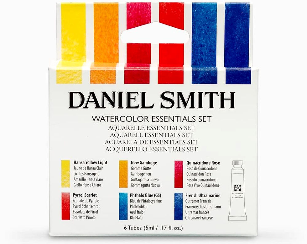 Image depicts Daniel Smith Watercolor Essentials Kit with 6-paint tubes which are Hansa Yellow Light, New Gamboge, Quinacridone Rose, Pyrrol Scarlet, Phthalo Blue (Green Shade), and French Ultramarine.