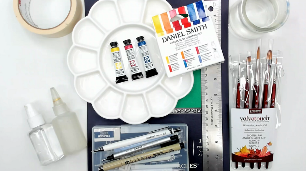 Image depicts watercolor supplies including watercolor paints from Daniel Smith (Hansa Yellow Light, Quinacridone Rose, and Phthalo Blue (Green Shade)), paper, paint palette, paint brushes, painters tape, water bottles, water cup, pencils, eraser, and ruler.