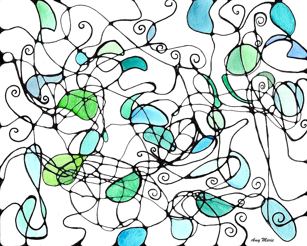Coloring Rainbows ink and watercolor drawing (neuorographic abstract blue and green colored circles)