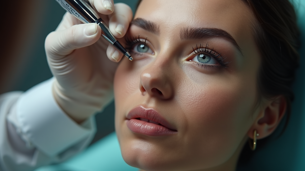 Eye-level view of eyebrow technician performing ombre brow tattoo
