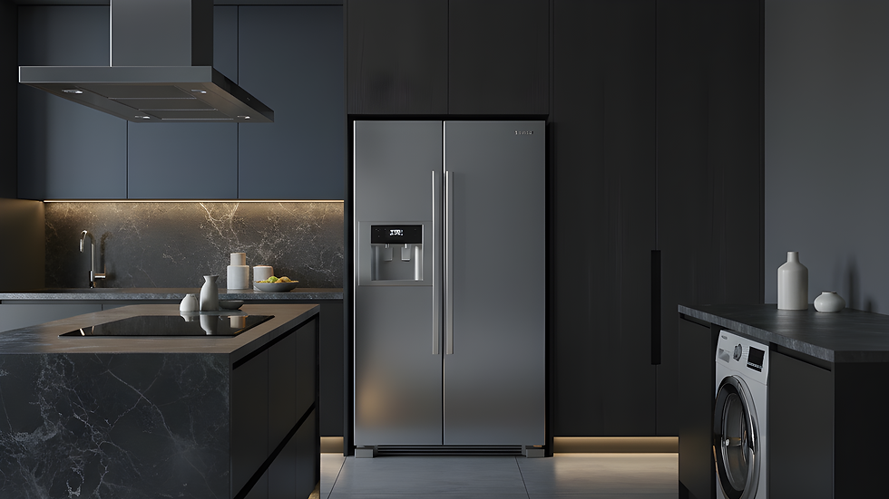 Create an image showing high end appliances like a cooker fridge washing machine in a lov
